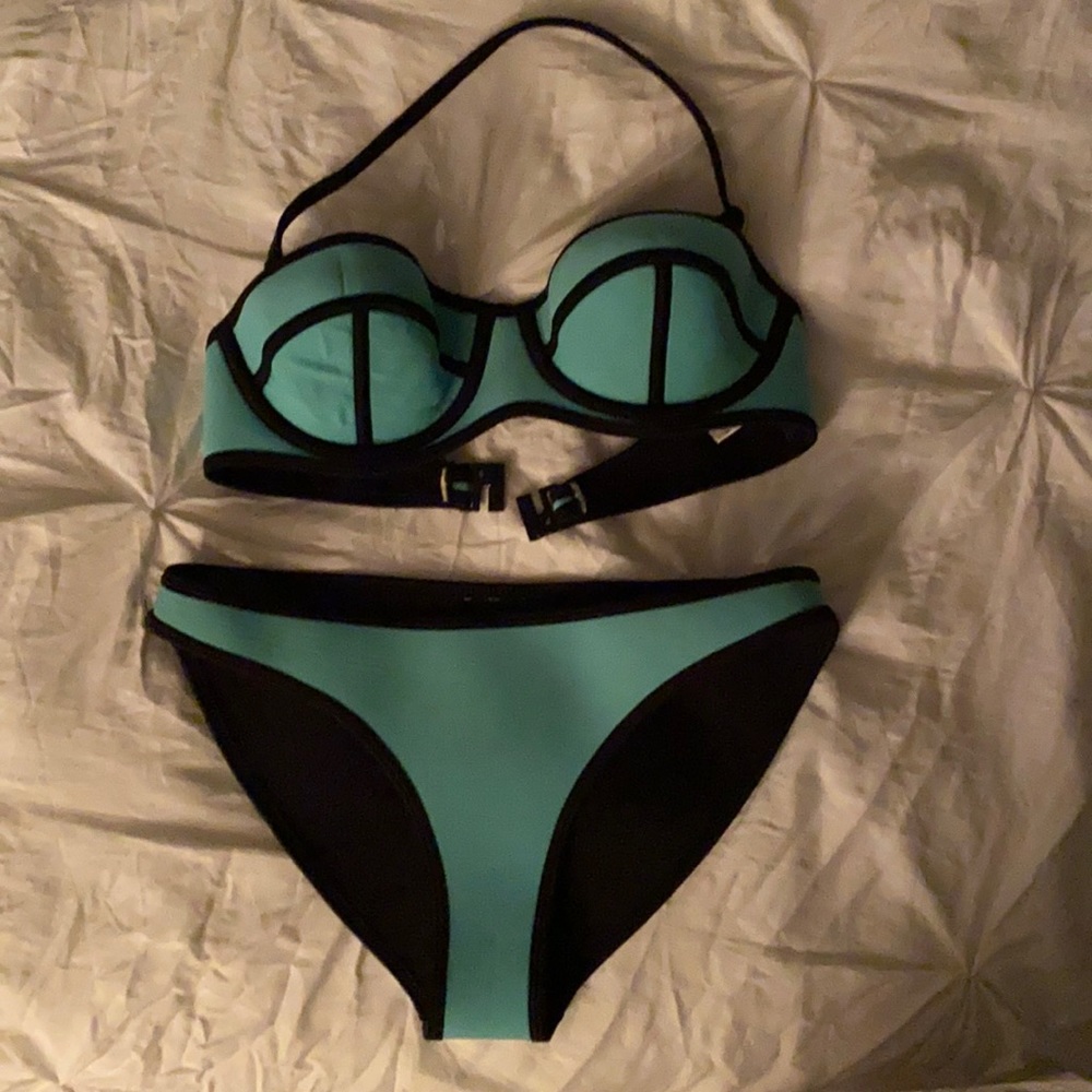 Juniors teal and black two piece swimsuit